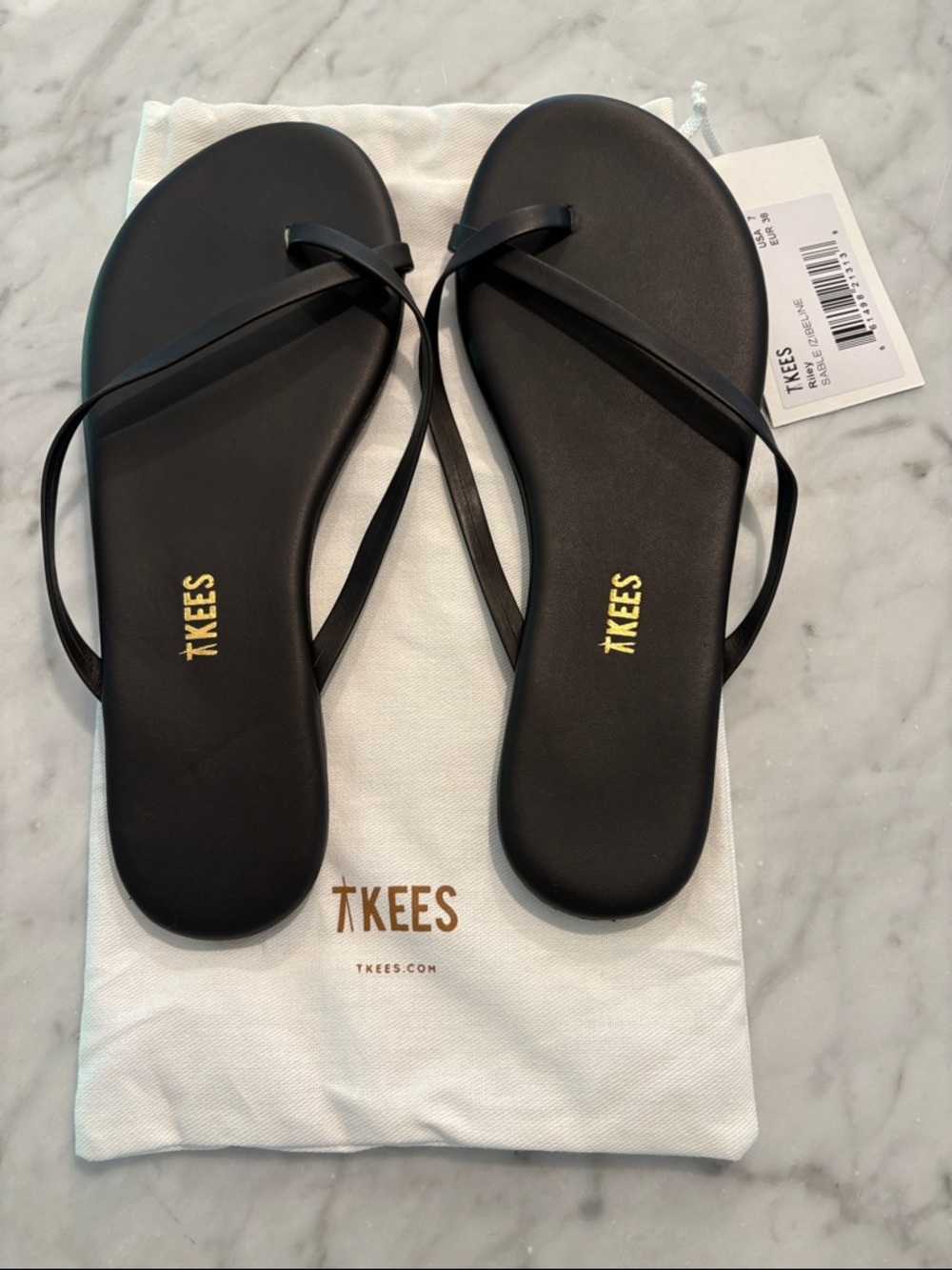 TKEES Black Slim-Strap Leather Flip Sandals